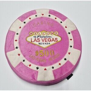 Las Vegas Casino Pink Poker Chip Plush Pillow $500 Four Aces Y2K Cushion 14" EUC